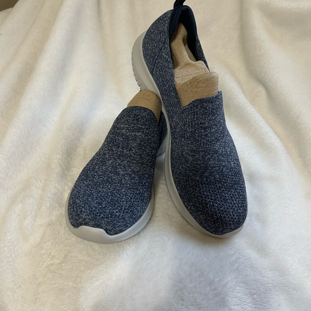 Skechers Blue and Tan Slip-On Sneakers with Cozy Knit Design